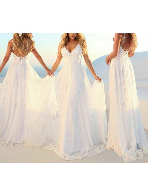 Women Lace Evening Party Ball Prom Gown Formal Cocktail Wedding Long Dress White Size S