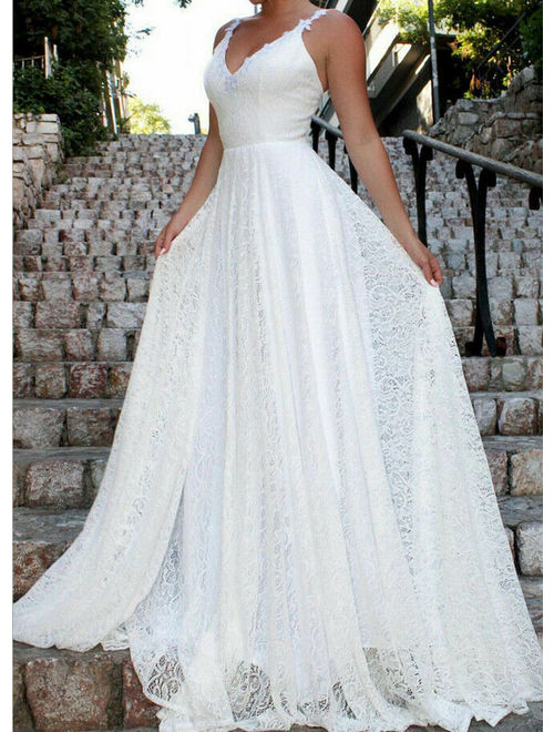 Women Lace Evening Party Ball Prom Gown Formal Cocktail Wedding Long Dress White Size S