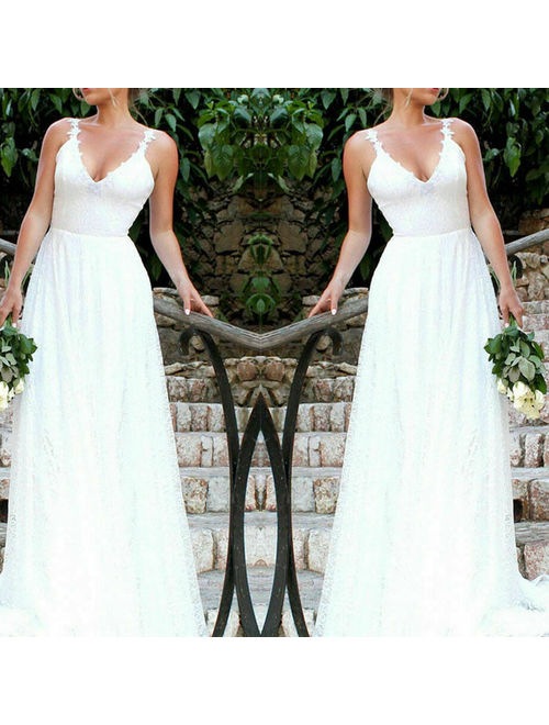 Women Lace Evening Party Ball Prom Gown Formal Cocktail Wedding Long Dress White Size S