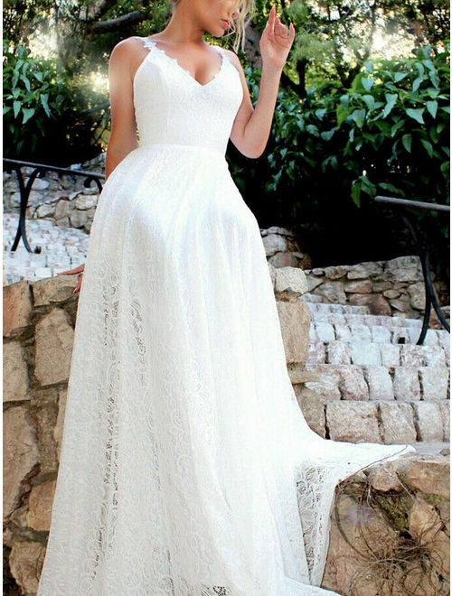 Women Lace Evening Party Ball Prom Gown Formal Cocktail Wedding Long Dress White Size S