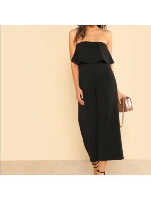 Black Elegant Sleeveless Tube Wide Leg Jumpsuit in XS