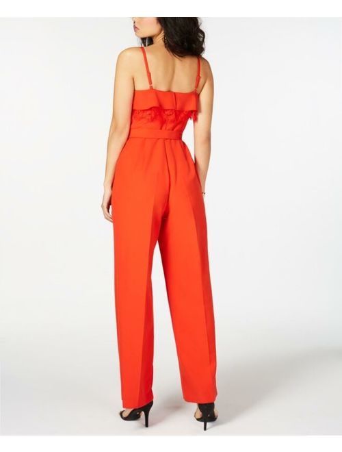 Thalia Sodi 7912 Size 10 Coral Fire Solid Wide Leg Jumpsuit Belted $99