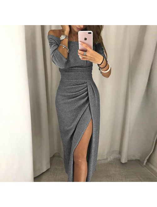 SUNSIOM Women's Off Shoulder Long Sleeve Bodycon Evening Cocktail Party Split Long Dress