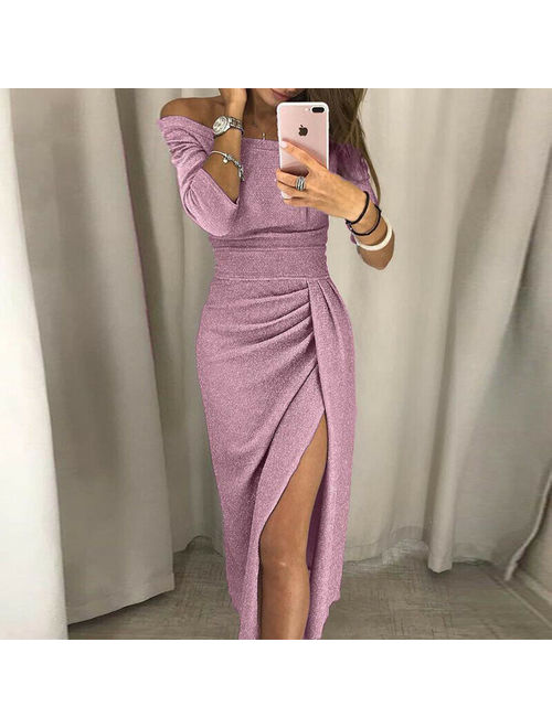 SUNSIOM Women's Off Shoulder Long Sleeve Bodycon Evening Cocktail Party Split Long Dress