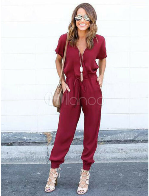 Women's Red Jumpsuit Chic V Neck Short Sleeve Loose Leg Jumpsuit New XL, US 8