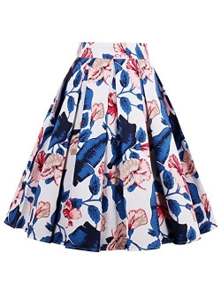 Dressever Women's Vintage A-line Printed Pleated Flared Midi Skirts