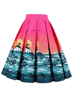 Dressever Women's Vintage A-line Printed Pleated Flared Midi Skirts