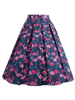 Dressever Women's Vintage A-line Printed Pleated Flared Midi Skirts