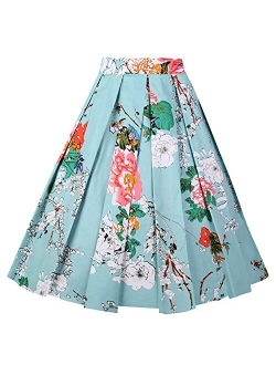 Dressever Women's Vintage A-line Printed Pleated Flared Midi Skirts