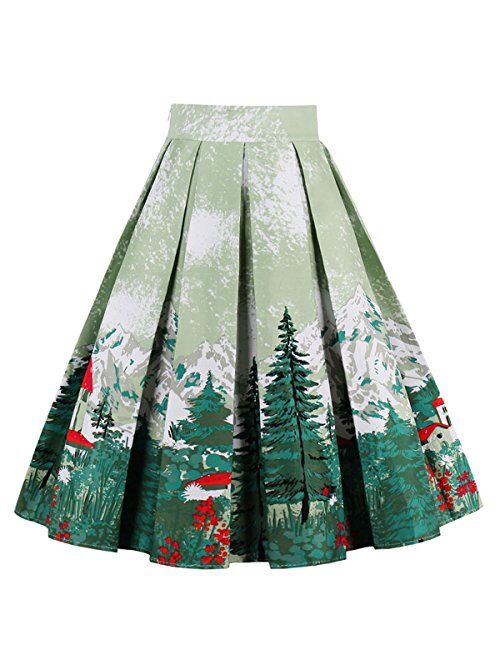 Dressever Women's Vintage A-line Printed Pleated Flared Midi Skirts