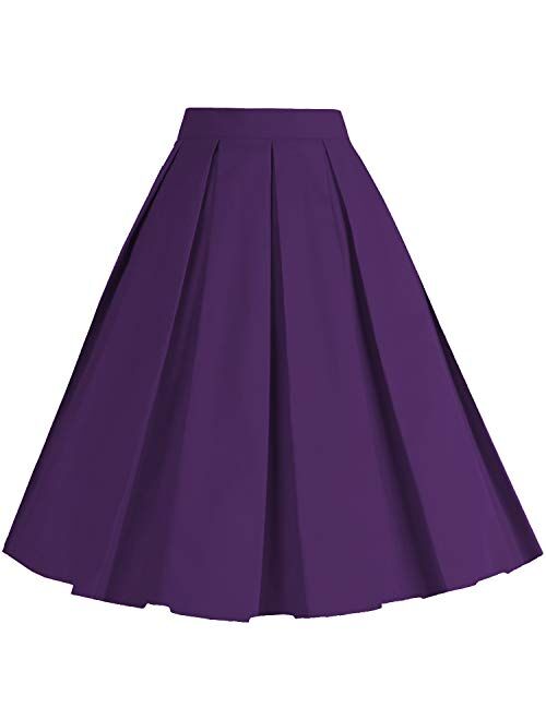 Dressever Women's Vintage A-line Printed Pleated Flared Midi Skirts