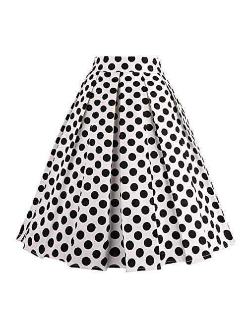 Dressever Women's Vintage A-line Printed Pleated Flared Midi Skirts