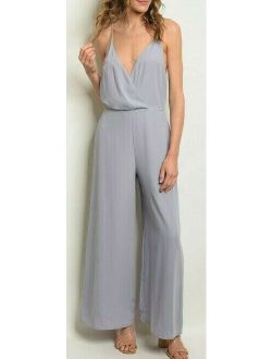 NWT Women's Gray Sleeveless V- Neck Smock Waist Bell Bottom Jumpsuit Size S-M-L