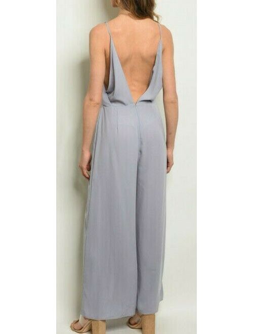 NWT Women's Gray Sleeveless V- Neck Smock Waist Bell Bottom Jumpsuit Size S-M-L