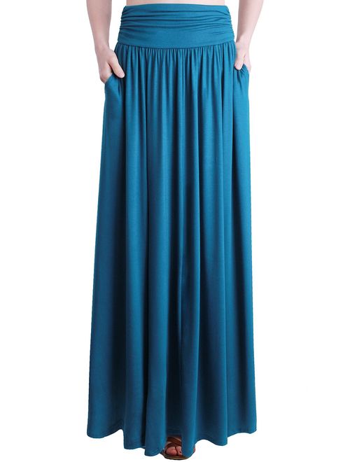 TRENDY UNITED Women's Rayon Spandex High Waist Shirring Maxi Skirt with Pockets