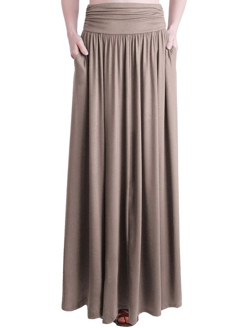 TRENDY UNITED Women's Rayon Spandex High Waist Shirring Maxi Skirt with Pockets