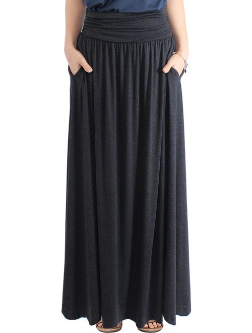 TRENDY UNITED Women's Rayon Spandex High Waist Shirring Maxi Skirt with Pockets