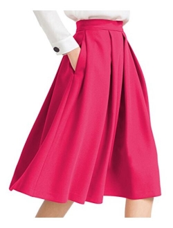 Yige Women's High Waist Flared Skirt Box Pleated Midi Skirt with Pocket