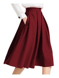 Yige Women's High Waist Flared Skirt Box Pleated Midi Skirt with Pocket