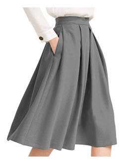 Yige Women's High Waist Flared Skirt Box Pleated Midi Skirt with Pocket