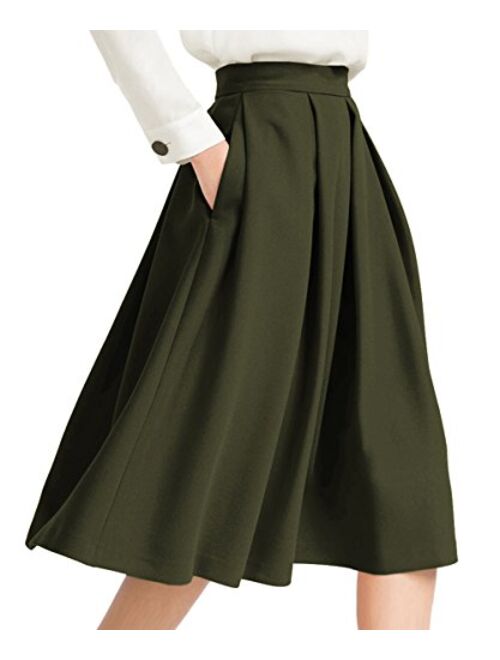 Yige Women's High Waist Flared Skirt Box Pleated Midi Skirt with Pocket