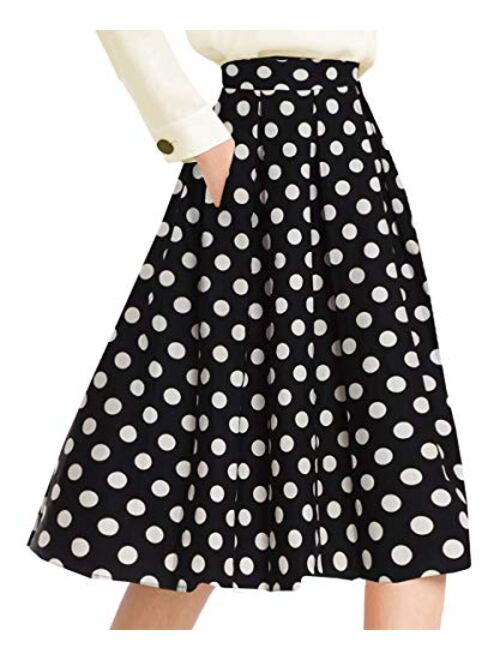 Yige Women's High Waist Flared Skirt Box Pleated Midi Skirt with Pocket