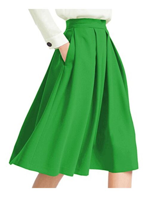 Yige Women's High Waist Flared Skirt Box Pleated Midi Skirt with Pocket