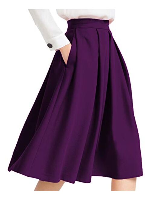 Yige Women's High Waist Flared Skirt Box Pleated Midi Skirt with Pocket