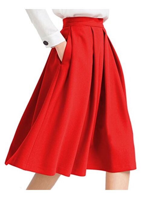 Yige Women's High Waist Flared Skirt Box Pleated Midi Skirt with Pocket