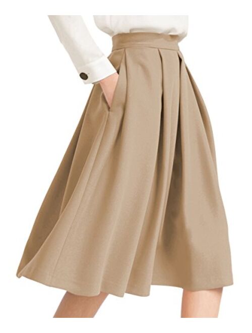 Yige Women's High Waist Flared Skirt Box Pleated Midi Skirt with Pocket