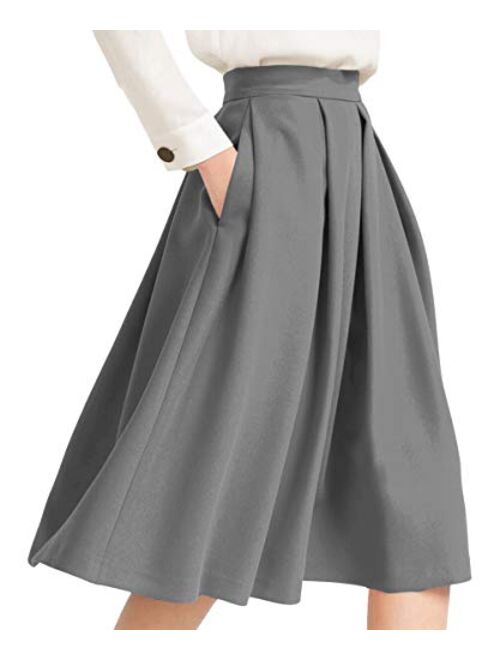 Yige Women's High Waist Flared Skirt Box Pleated Midi Skirt with Pocket