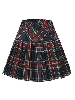 Women's Elastic Waist Tartan Knife Pleated School Skirt