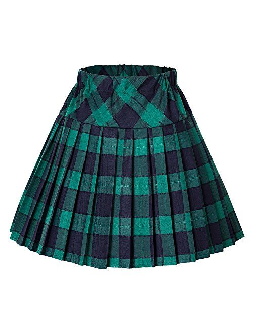 Urban CoCo Women's Elastic Waist Tartan Knife Pleated School Skirt