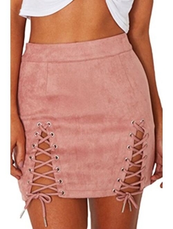 Meyeeka Womens Sexy High Waist Lace Up Bodycon Faux Suede Split Tight Mini Skirt