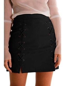 Meyeeka Womens Sexy High Waist Lace Up Bodycon Faux Suede Split Tight Mini Skirt