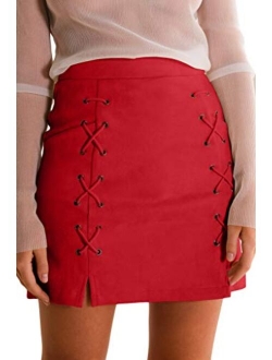 Meyeeka Womens Sexy High Waist Lace Up Bodycon Faux Suede Split Tight Mini Skirt