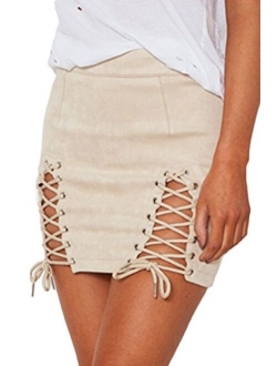 Meyeeka Womens Sexy High Waist Lace Up Bodycon Faux Suede Split Tight Mini Skirt