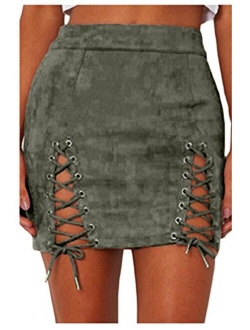 Meyeeka Womens Sexy High Waist Lace Up Bodycon Faux Suede Split Tight Mini Skirt