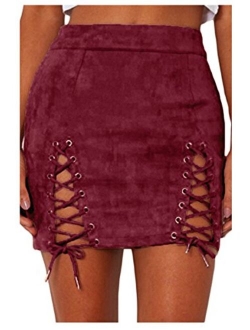 Meyeeka Womens Sexy High Waist Lace Up Bodycon Faux Suede Split Tight Mini Skirt