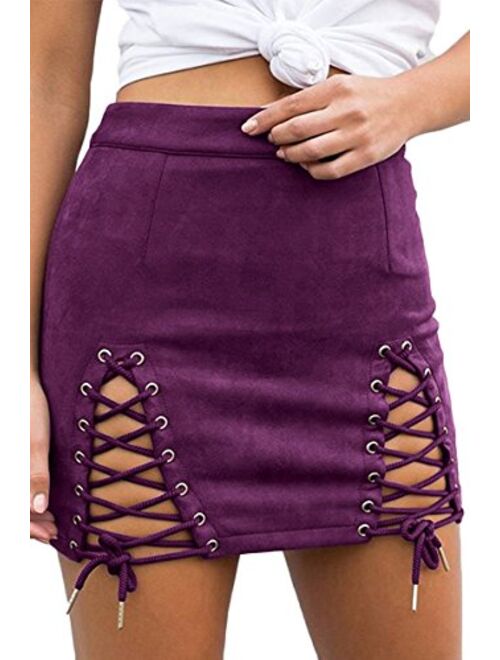 Meyeeka Womens Sexy High Waist Lace Up Bodycon Faux Suede Split Tight Mini Skirt