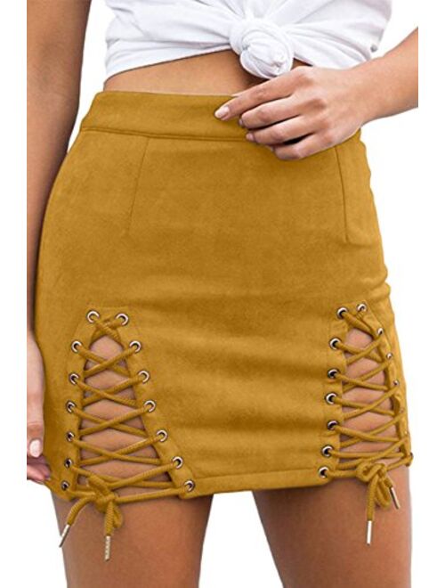 Meyeeka Womens Sexy High Waist Lace Up Bodycon Faux Suede Split Tight Mini Skirt