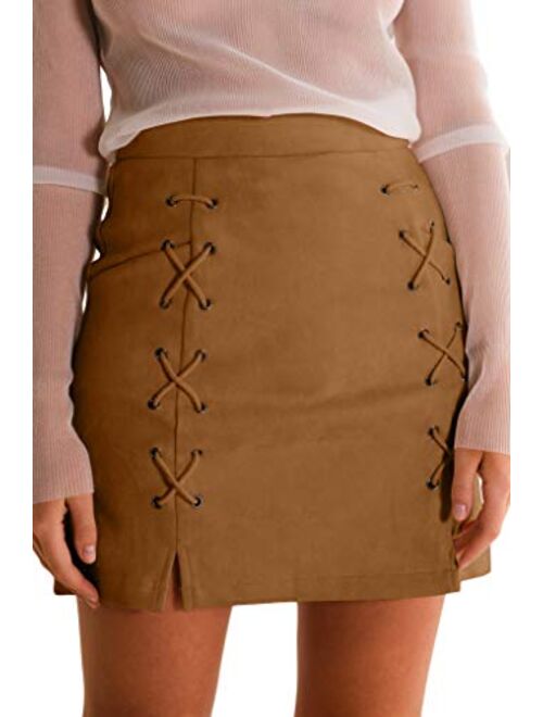 Meyeeka Womens Sexy High Waist Lace Up Bodycon Faux Suede Split Tight Mini Skirt