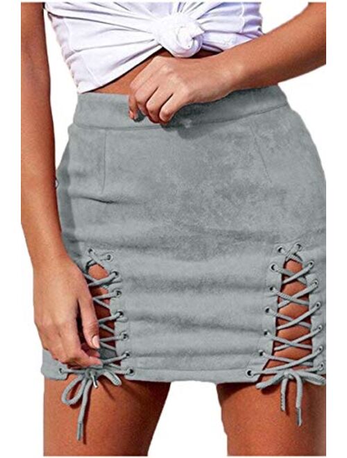 Meyeeka Womens Sexy High Waist Lace Up Bodycon Faux Suede Split Tight Mini Skirt