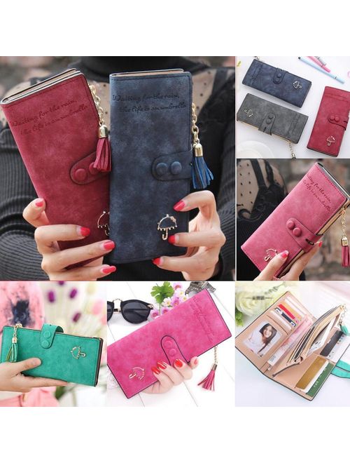 Womens Leather Purse Card Holder Long Wallet Clutch Tassel Zipper Button Handbag