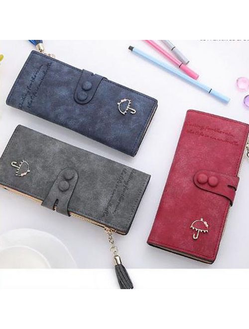 Womens Leather Purse Card Holder Long Wallet Clutch Tassel Zipper Button Handbag