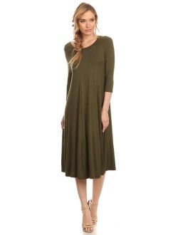 Women's 3/4 sleeves solid midi dress