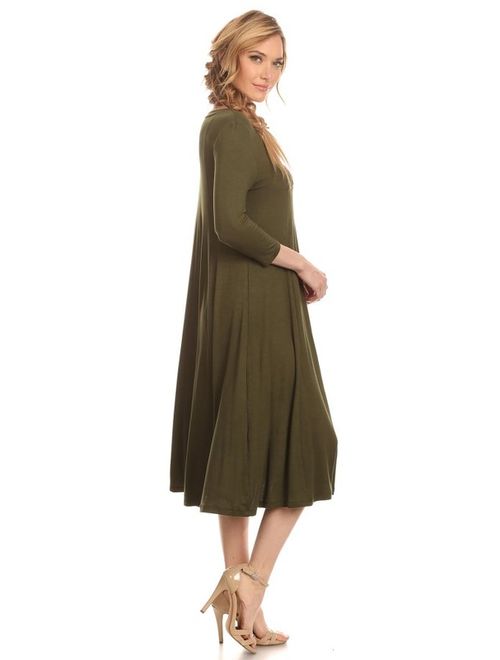 Women's 3/4 sleeves solid midi dress