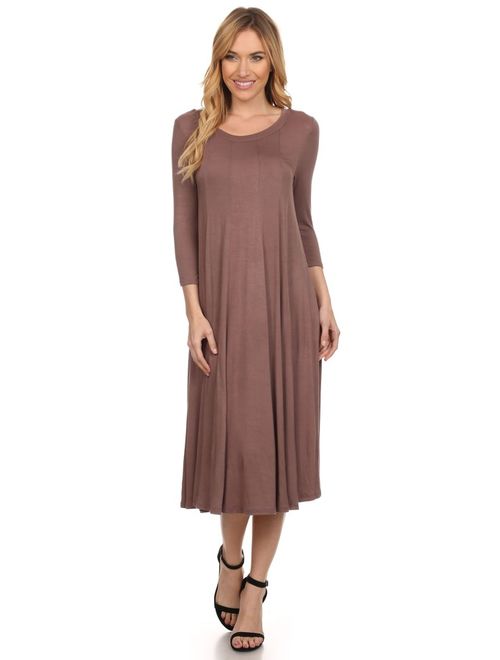 Women's 3/4 sleeves solid midi dress