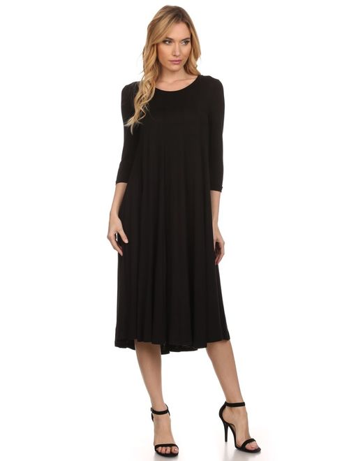 Women's 3/4 sleeves solid midi dress