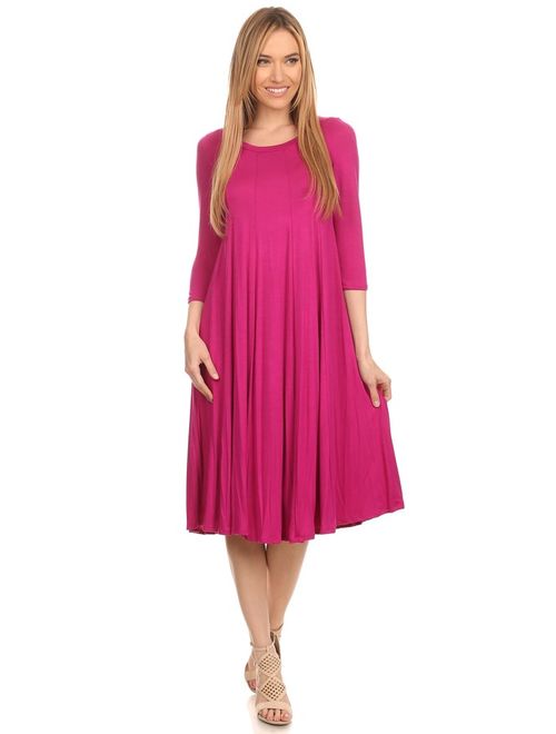 Women's 3/4 sleeves solid midi dress